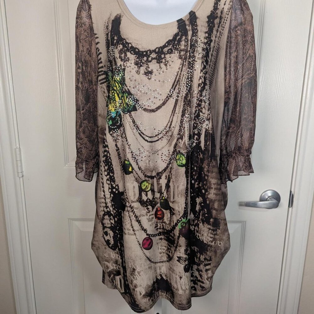 Boho Graphic Tunic Dress- Sheer Sleeve Artsy Print (M)